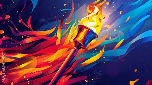 Olympic torch in colorful and dynamic shapes, background of sports competitions