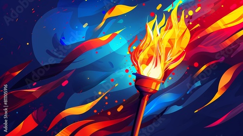 Olympic torch in colorful and dynamic shapes, background of sports competitions