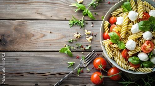 A dish of pasta salad featuring tomatoes, spinach, and mozzarella served on a rustic wooden table. The perfect blend of natural foods and fresh ingredients AIG50
