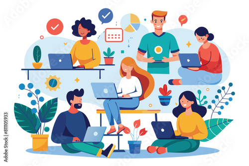 People engaged in a busy work session with laptops open on a table. AI generated