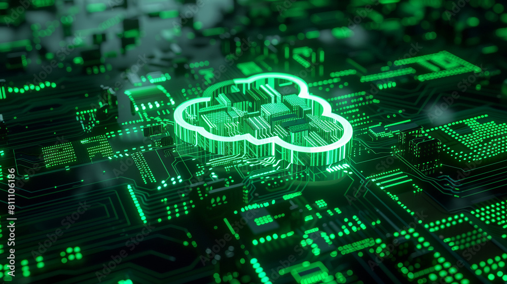 A green neon light hologram 3d cloud symbol on an AI circuit board. Futuristic server cloud computing technology, digital data flow, virtual infrastructure, artificial intelligence, cyberspace. A green neon light hologram 3d cloud symbol on an AI circuit board. Futuristic server cloud computing technology, digital data flow, virtual infrastructure, artificial intelligence, cyberspace.