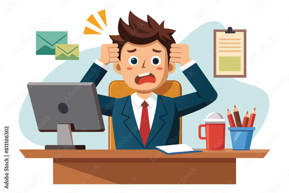 Businessman looking fatigued and stressed at work. AI generated Businessman looking fatigued and stressed at work. AI generated