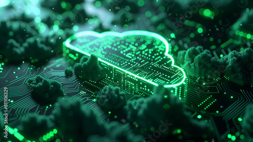 A green neon light hologram 3d cloud symbol on a AI circuit board. Futuristic server cloud computing technology, digital data flow, virtual infrastructure, artificial intelligence, cyberspace.