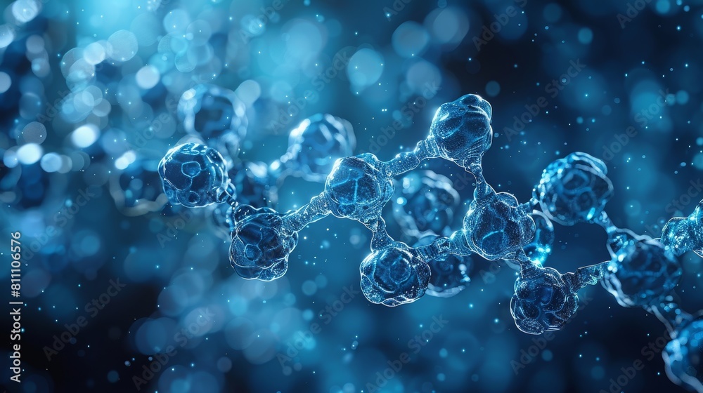 The image shows a close-up of a blue molecule. The molecule is made up of spheres that are connected by bonds. The background is a blur of blue light. The image shows a close-up of a blue molecule. The molecule is made up of spheres that are connected by bonds. The background is a blur of blue light.