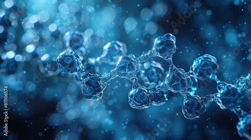 The image shows a close-up of a blue molecule. The molecule is made up of spheres that are connected by bonds. The background is a blur of blue light.