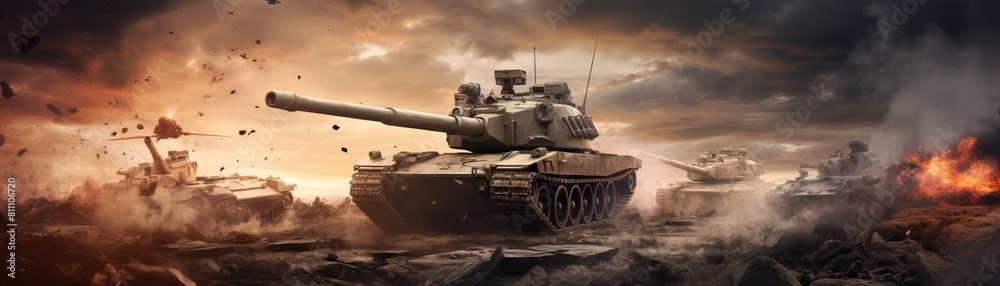 Dynamic image of a war tank in the foreground with a fighter jet soaring in the sky behind, depicting the intensity of modern warfare Dynamic image of a war tank in the foreground with a fighter jet soaring in the sky behind, depicting the intensity of modern warfare