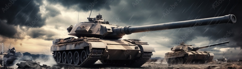 Foreboding military image of a war tank and a fighter jet in a coordinated display of strength and aerial capability under a dark, ominous sky Foreboding military image of a war tank and a fighter jet in a coordinated display of strength and aerial capability under a dark, ominous sky
