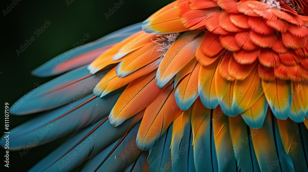 Fototapeta premium A close-up shot of a bird's wing with vibrant feathers, highlighting intricate details and textures.