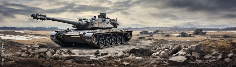 Highcontrast military image of a war tank and a fighter jet in a desolate landscape, conveying a narrative of desolation and readiness