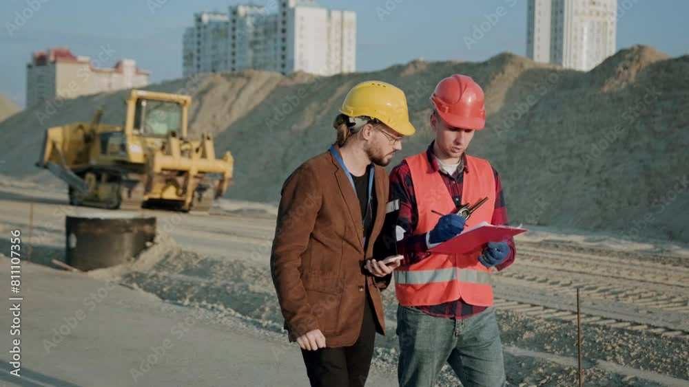Male walking and discuss with professional builder Male walking and discuss with professional builder
