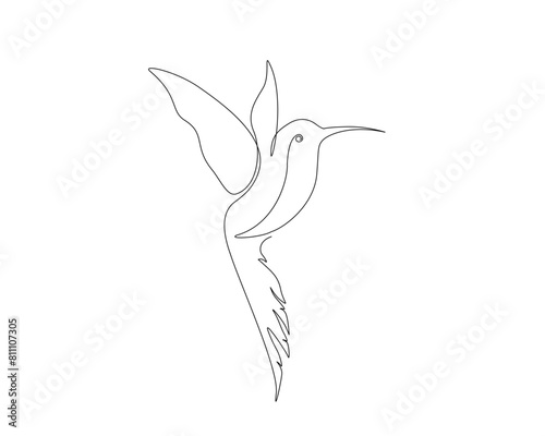 Continuous one line drawing of flying hummingbird. Colibri single outline vector design. Editable stroke.