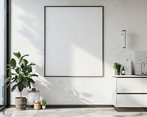 Modern home kitchen with a single large blank poster in a sleek black frame spotlighted on an eggshell white wall for a clean and stylish mockup