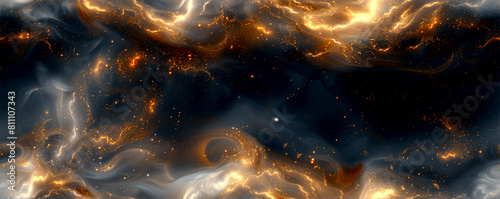 A black and orange background with a lot of glowing stars and fire