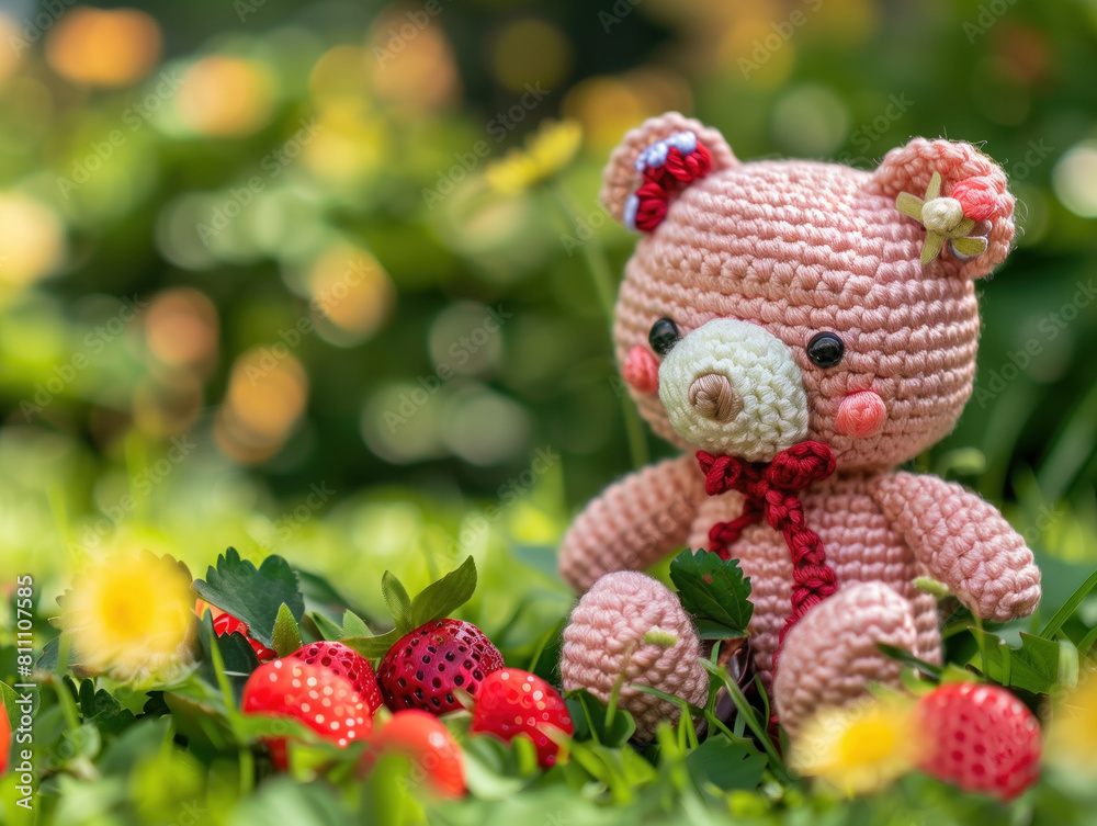 A sweet baby bear crochet doll is getting kisses on the grass, surrounded by blurry strawberries in the background. A sweet baby bear crochet doll is getting kisses on the grass, surrounded by blurry strawberries in the background.
