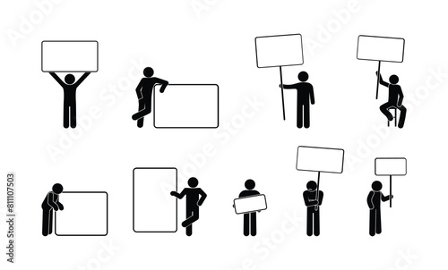 man holding banner, stick figure human silhouette icon, blank for promotion, sales and advertising, stickman silhouette set