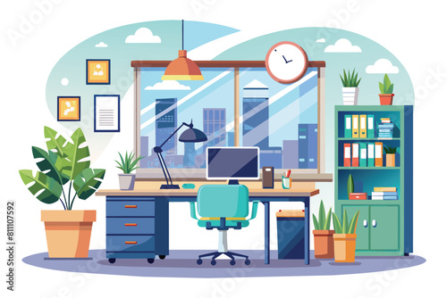 A simple and elegant office room featuring a desk and chair for work or study, elegant office interior, Modern office workspace with desk and plants 