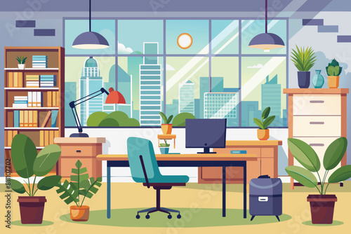 A simple and elegant office room featuring a desk and chair for work or study, elegant office interior, Modern office workspace with desk and plants