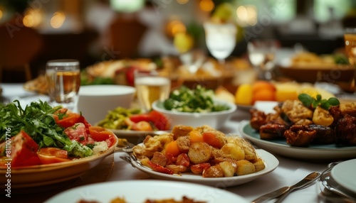 A table laden with assorted food - plates of veggies, fruits, bowls of various dishes, with utensils like forks, knives, spoons, and cups nearby.