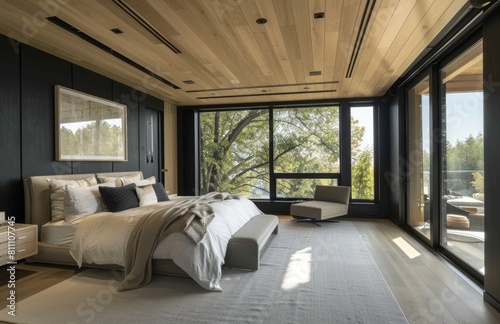 Sleek and minimalist bedroom with black walls  light grey carpet flooring