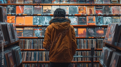 Young Man Choosing a Vinyl Record in a Cozy Music Store