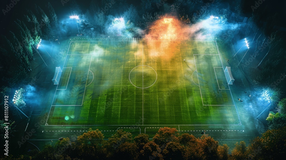 Aerial view of a football field at night, with floodlights at every corner Aerial view of a football field at night, with floodlights at every corner