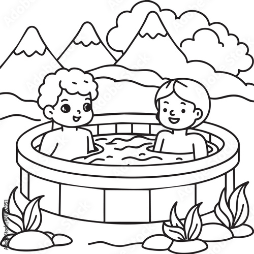 Children playing in a hot tub. Vector illustration for coloring book.