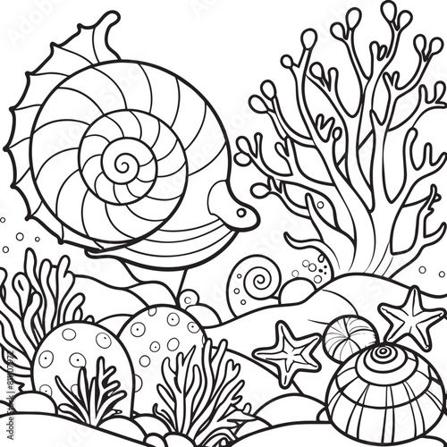 Coloring book for children: snail, seaweed, starfish