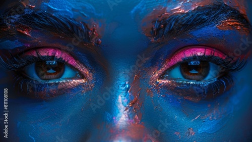 The image shows a close-up of a woman's eyes. She is wearing blue eyeshadow and pink blush. Her skin is painted blue.