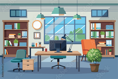 A simple and elegant office room featuring a desk and chair for work or study, elegant office interior, Modern office workspace with desk and plants Ai generated