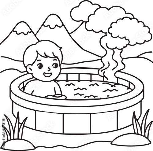 Boy in a hot tub.  illustration for coloring book