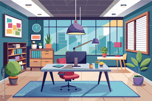 A simple and elegant office room featuring a desk and chair for work or study, elegant office interior, Modern office workspace with desk and plants Ai generated