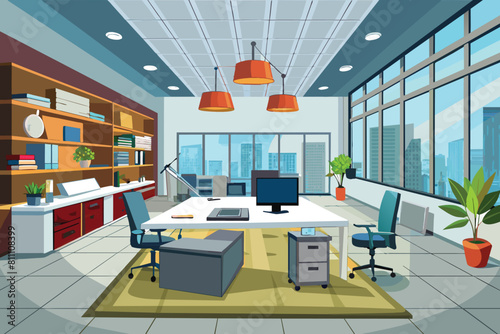 A simple and elegant office room featuring a desk and chair for work or study, elegant office interior, Modern office workspace with desk and plants Ai generated photo