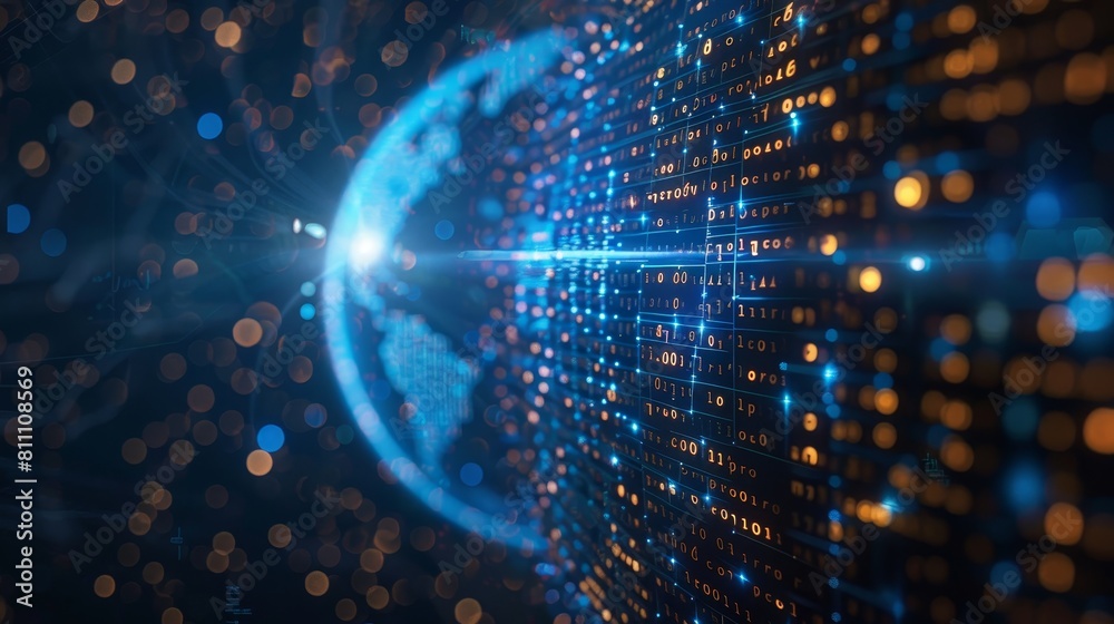 A globe with digital elements such as binary code or circuit patterns, illustrating the concept of a digital world and connectivity.