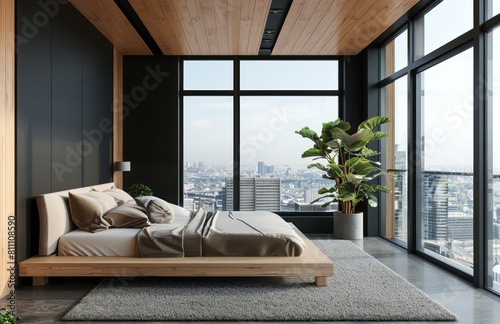 Sleek bedroom with black walls, wooden ceiling and floor, beige bed set against grey carpeting, large windows showing a cityscape