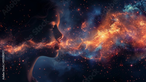 Mystical Portrait of a Woman Exhaling a Universe of Stars and Nebulas