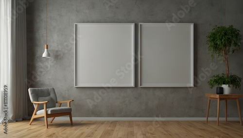 mockup frame poster. Blank frame hanging on the wall with Modern interior Room design in 3D render. illustration generative ai