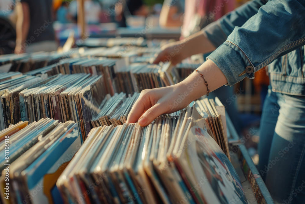 Close-up of a person browsing through classic vinyl records at a sunny outdoor flea market, capturing the essence of retro music culture Close-up of a person browsing through classic vinyl records at a sunny outdoor flea market, capturing the essence of retro music culture