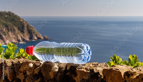 Eine volle Plastikflasche an einem wunderschönen Sandstrand. photo