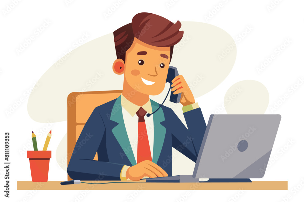 A businessman sitting at desk, talking on phone. AI generated A businessman sitting at desk, talking on phone. AI generated