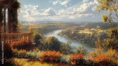 An artistic representation of a scenic countryside vista seen from the balcony of a country house, with rolling hills, meandering rivers, and colorful wildflowers painting a pictur photo