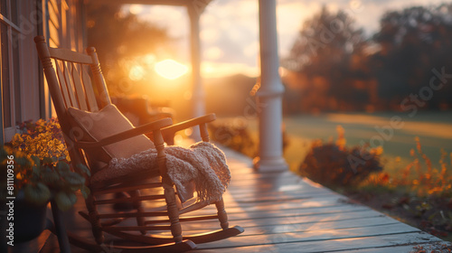 A close-up shot capturing the intricate details of a vintage wooden rocking chair on the porch of a country house, bathed in golden sunlight and adorned with plump cushions and coz photo