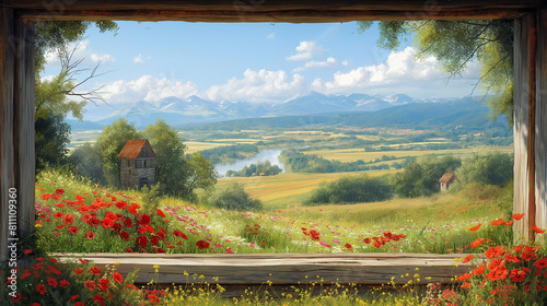 An artistic representation of a scenic countryside vista seen from the balcony of a country house, with rolling hills, meandering rivers, and colorful wildflowers painting a pictur photo