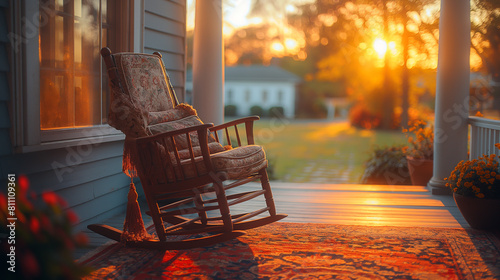 A close-up shot capturing the intricate details of a vintage wooden rocking chair on the porch of a country house, bathed in golden sunlight and adorned with plump cushions and coz photo