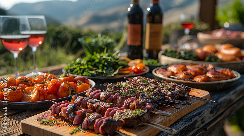 A visually elaborate image showcasing a gourmet outdoor barbecue feast on the patio of a country house, with sizzling steaks, grilled vegetables, and chilled beverages served again