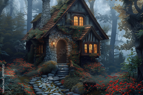 Charming stone cottage with glowing windows nestled in a misty, forested landscape with lush foliage and flowers