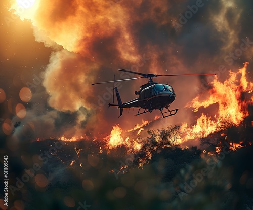 A close-up photo of a recently extinguished forest fire. Focus on Firefighting Aircraft Helicopters and airplanes equipped with water tanks or fire retardant systems are used to drop water or fire photo