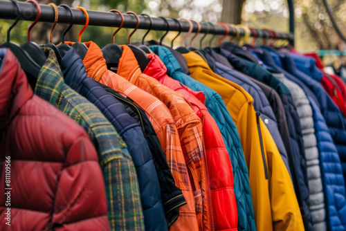 Vibrant display of second-hand jackets, hung neatly on a rack at an outdoor flea market, showcasing variety and thrift fashion