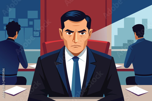 Serious Businessman addressing a diverse group of people. AI generated