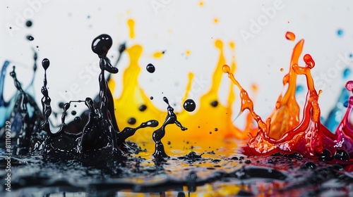 A striking contrast between black oil stains and colorful oil splashes cut out on a white surface