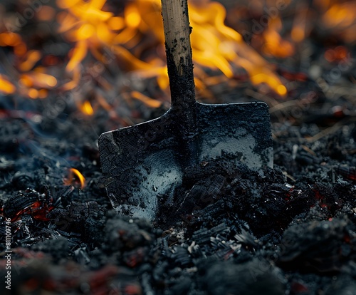 A close-up photo of a recently extinguished forest fire. Focus on Hand Tools Shovels, axes, Pulaskis, and McLeods are hand tools used by firefighters to clear vegetation